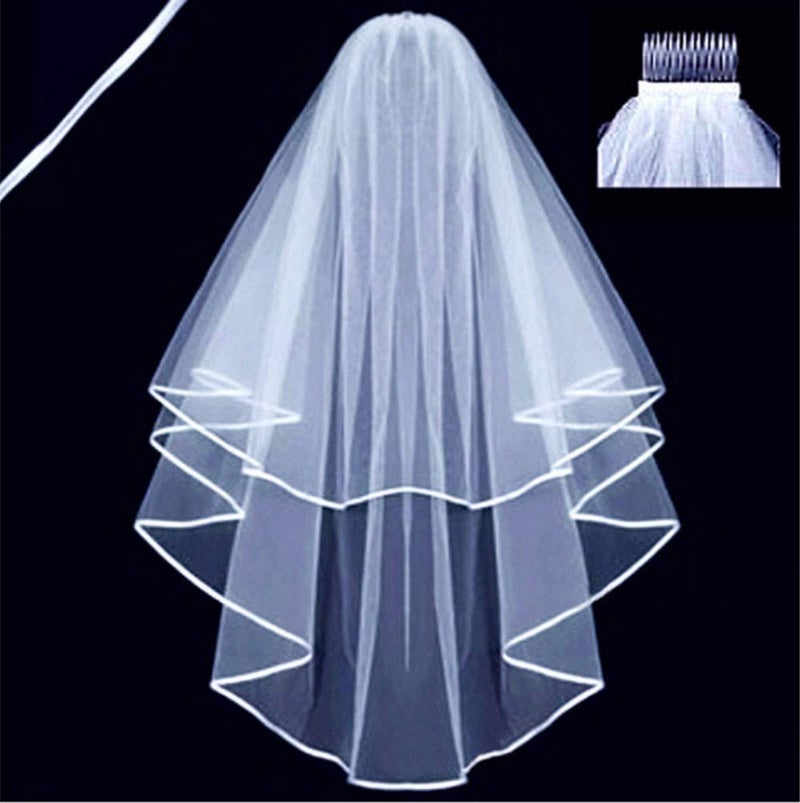 ZIYAN White Double Ribbon Edge Center Cascade Bridal Wedding Veil with Comb - Image 3